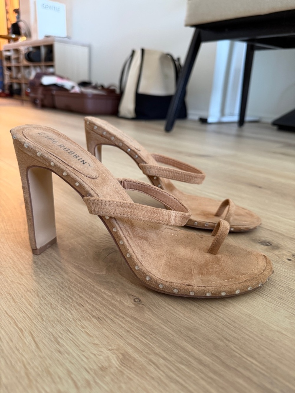 Cape Robbin Suede Tan Strappy High-Heel Thong Sandals Rhinestone